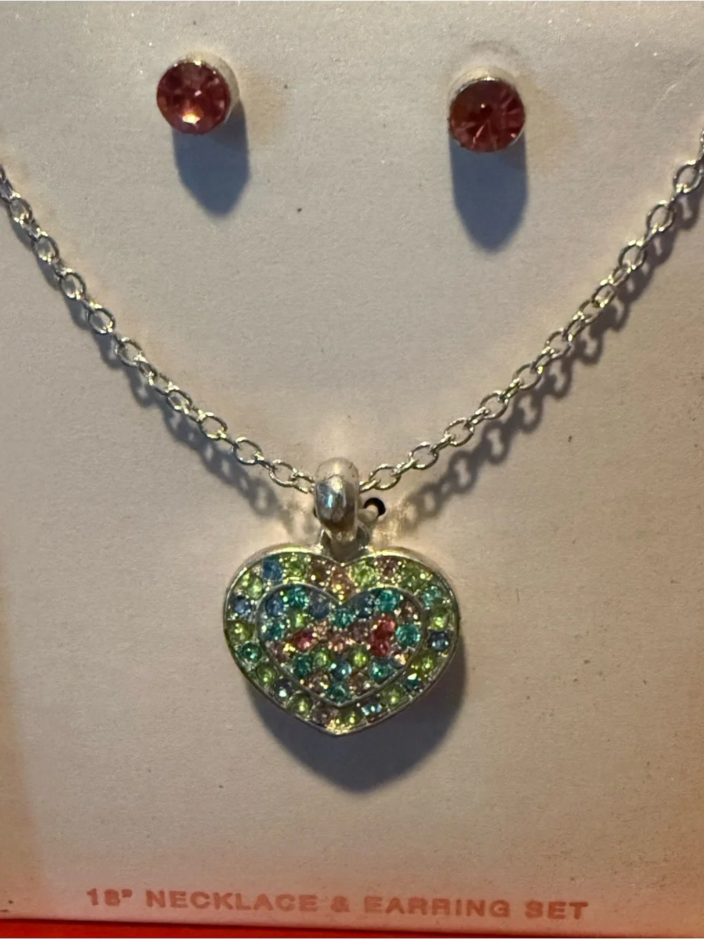 Heart Pendant Necklace and Stud Earring Set - Pink and Iridescent